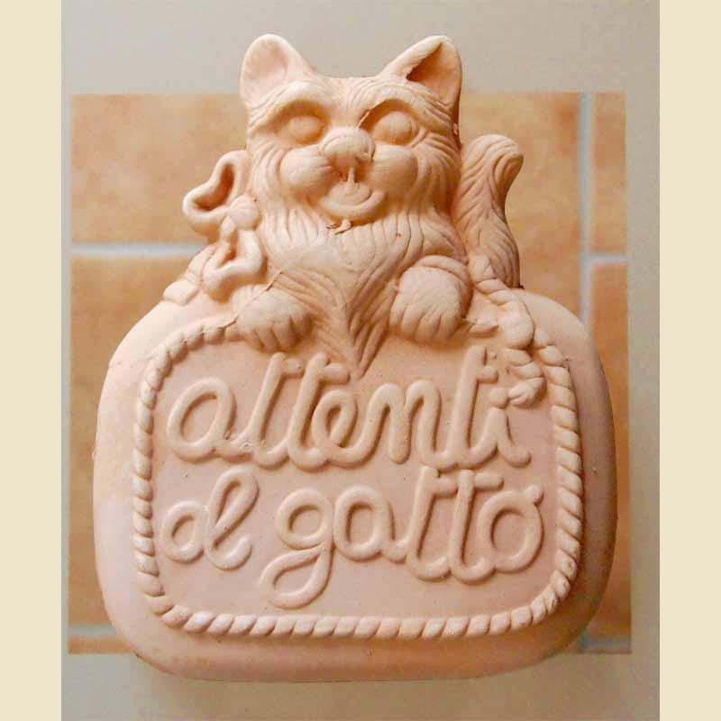 Wandrelief Vorsicht Katze Terrakotta Italien